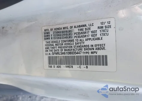 2013 Honda Odyssey Ex-L z USA, uszkodzony, nr VIN 5FNRL5H61DB035447